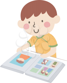 Illustration of a Kid Boy Looking through an Album Full of Pictures