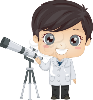 Illustration of a Kid Boy Astronomer Standing with His Telescope