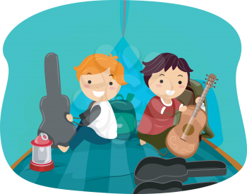 Illustration of Stickman Kids Boys Inside a Music Camping Tent with their Acoustic Guitars