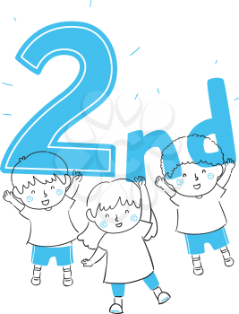 Illustration of Kids Winner and Holding a Second Trophy Lettering