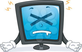 Illustration of a Computer Monitor Mascot with X Eyes and Lightning. Crashed Computer