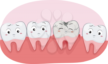 Illustration of a Worried Teeth Mascot with One Decaying Tooth