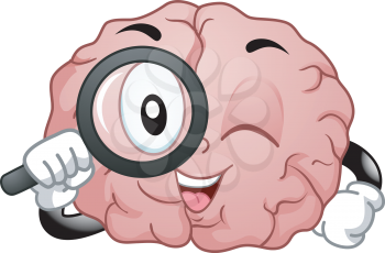 Illustration of a Brain Mascot Holding a Magnifying Glass in Search of Something