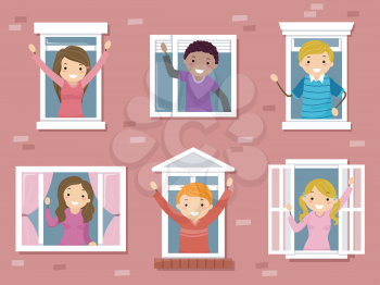 Illustration of Stickman Teenage Girl and Guys Waving from Windows in College