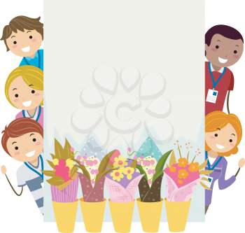 Illustration of Stickman Parents and Teachers Behind a Blank Board with Flowers for Spring Sale and Fundraising