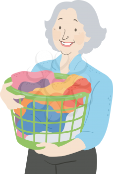Illustration of a Senior Woman Holding and Carrying a Basket Full of Laundry