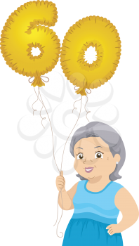 Illustration of a Senior Woman Holding a Mylar Balloon Shaped as Sixty