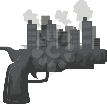 Illustration of a Gun with City Buildings and Smoke Above It