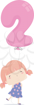 Illustration of a Kid Girl Holding a Balloon Shaped as Number Two