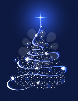 Royalty Free Clipart Image of a Christmas Tree Made of Stars and Ribbon