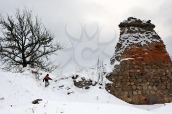 Royalty Free Photo of the Snow-Covered Walls of an Old Castle in Krevo, Belarus
