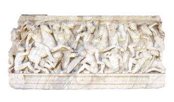Bas-relief on the side of the ancient Roman sarcophagus.