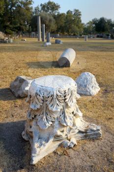 Royalty Free Photo of Pieces of Ancient Roman Columns in City Park of Ashqelon, Israel 