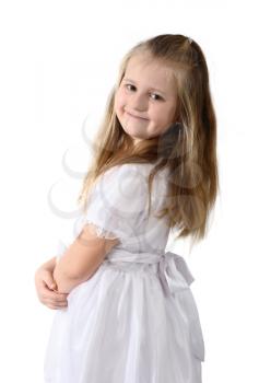 A girl with long blond hair wearing a white dress, isolated on a white background