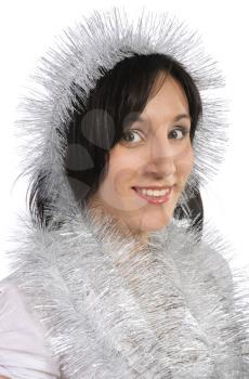 Girl with tinsel, isolated on a white background.