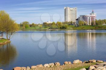 River and buildings in Minsk, Belarus.