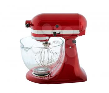 Kitchen appliances - red planetary mixer with a transparent bowl, isolated on a white background