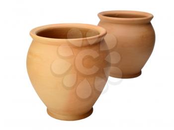 Two pots of toasted brown clay on a white background, isolated