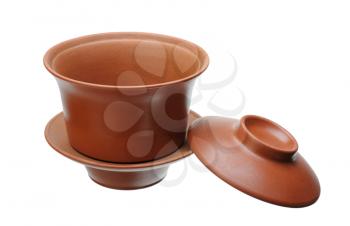 Clay cup for tea infuser with stand and cover, isolated on white background
