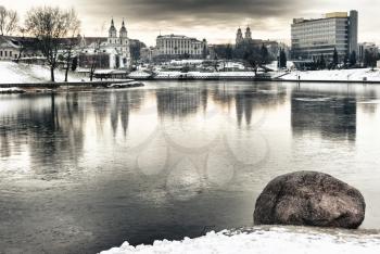 River Svisloch in winter in Minsk, Belarus
