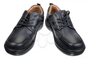Men's black leather shoes with laces, isolated on a white background.