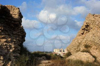 Remnants of the Crusader structures in the park of Ashkelon in Israel