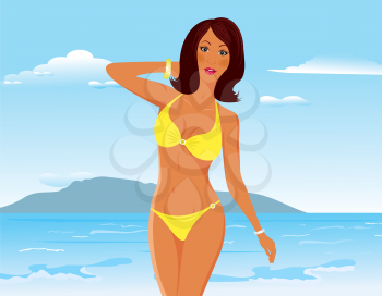 Illustration pretty suntanned girl on beach - vector