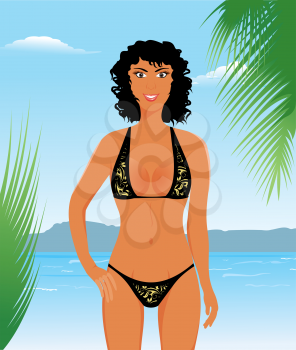 Illustration pretty suntanned girl on beach - vector