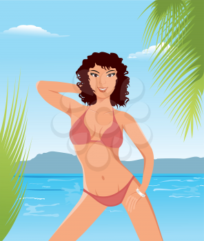 Illustration pretty brunette girl on beach - vector