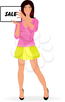 Illustration fashion shopping girl showing message board ''sale'' - vector