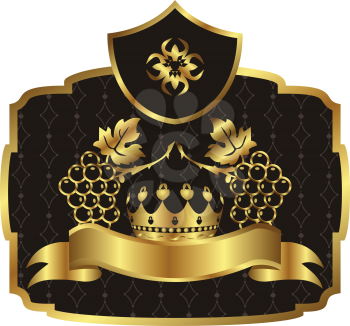 Illustration gold label with grapevine with crown - vector