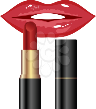 Illustration red lips and lipstick isolated - vector