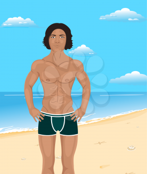 Illustration brawny man on beach - vector