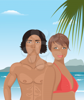 Illustration sexy girl and man on beach - vector