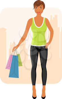 Illustration girl with purchases goes around city - vector