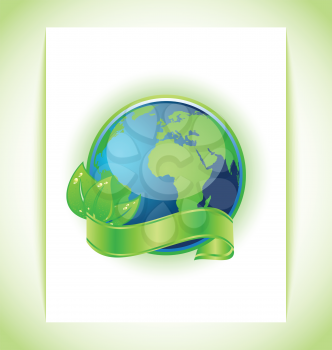 Illustration of green earth with leaves wrapped ribbon isolated - vector