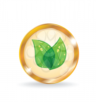 Illustration golden circle label with eco leaves - vector