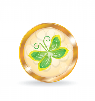 Illustration golden circle label (button) with butterfly - vector
