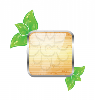 Illustration wooden square board with eco green leaves - vector