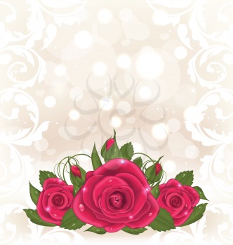 Illustration luxury card with bouquet of pink roses - vector