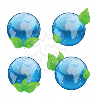 Illustration set icon earth with green leaves isolated on white background, environment symbols - vector