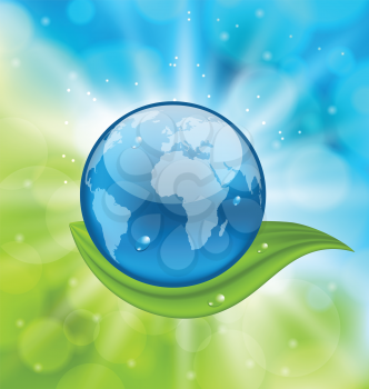 Illustration planet earth with green leaf - vector