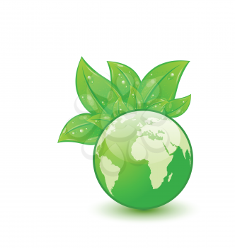 Illustration global planet and eco green leaves isolated on white background - vector