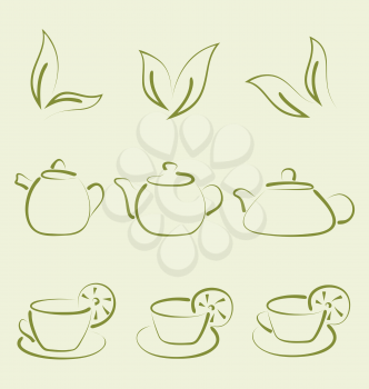 Illustration herbal tea, set cups and teapots - vector