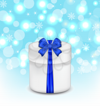 Illustration gift box with blue bow on glowing background - vector 