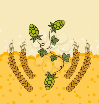 Illustration beer background with hop leaves and wheats - vector