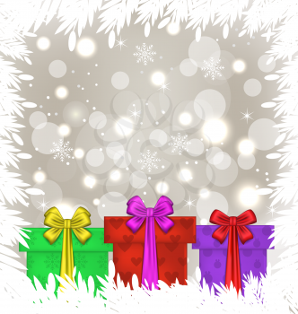 Illustration set Christmas gift boxes on glowing background - vector