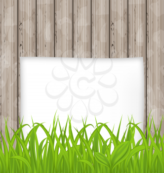 Illustration green grass and paper sheet on wooden texture - vector