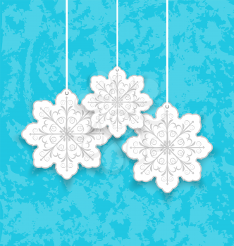 Illustration set Christmas paper snowflakes on blue grunge background - vector
