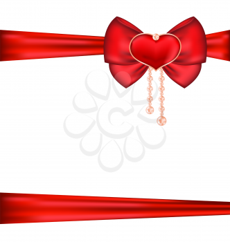 Illustration red bow with heart and pearls for packing gift Valentine Day - vector